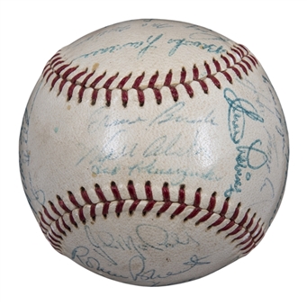 Hall of Famers & Stars Multi Signed OAL Harridge Baseball With 20+ Signatures Including Aaron, Mays, & Musial (Doerr Family LOA & PSA/DNA PreCert) 